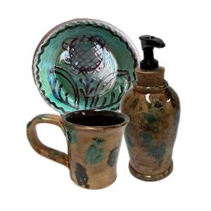 Smith Redware Dish, Mug, Soap Dispenser Pottery—OOAK